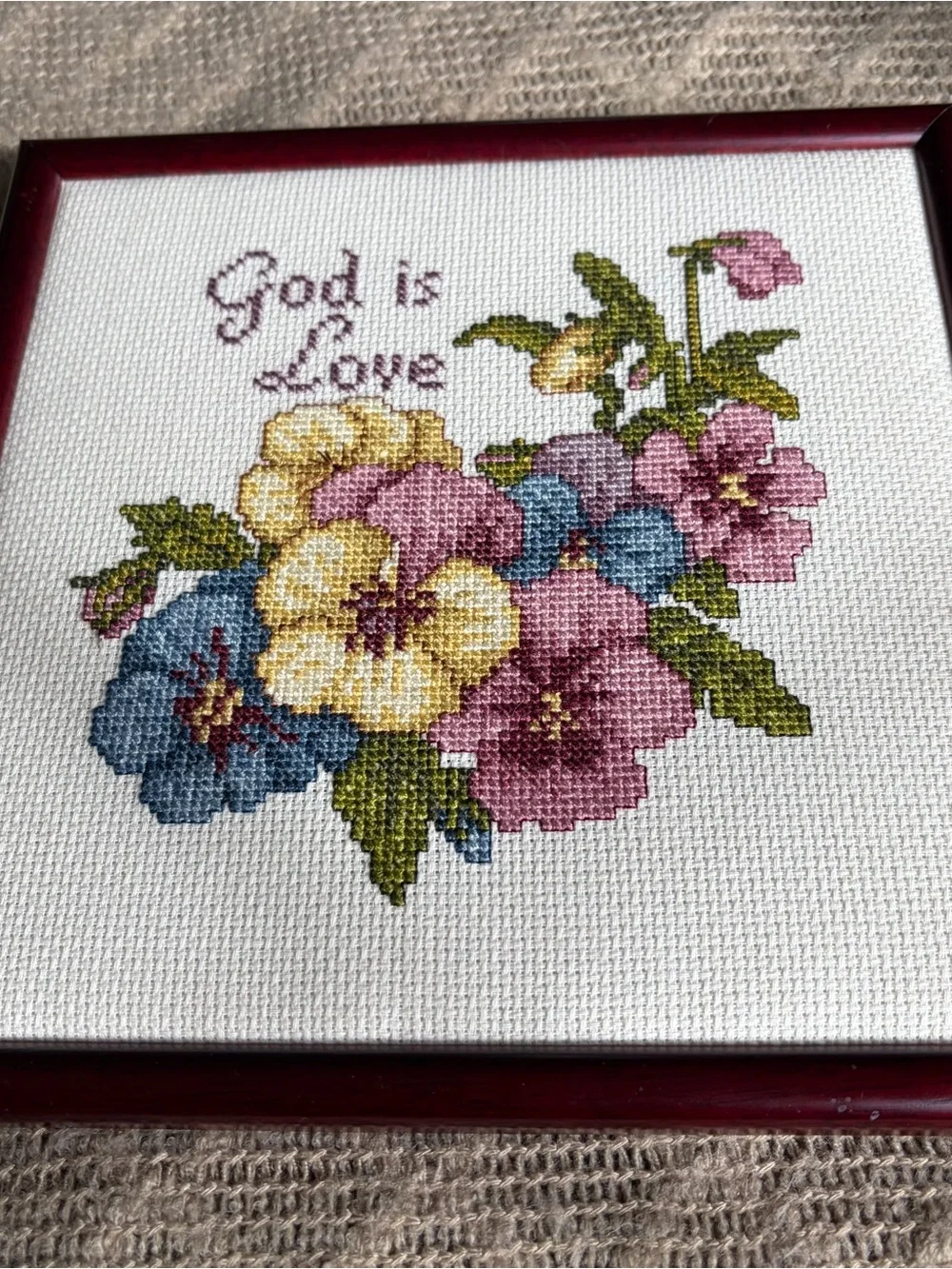 Vintage Framed God Is Love Needlepoint Floral Folk Art Wall Decor 8x8 Handmade